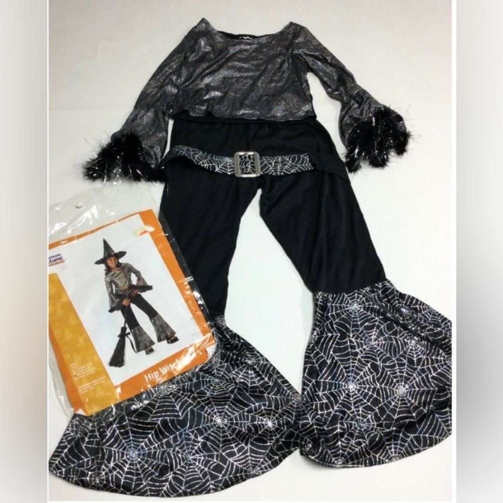 Girls Hip Witch Halloween Costume Size M 8 10 Black Silver Spiderweb Sparkly